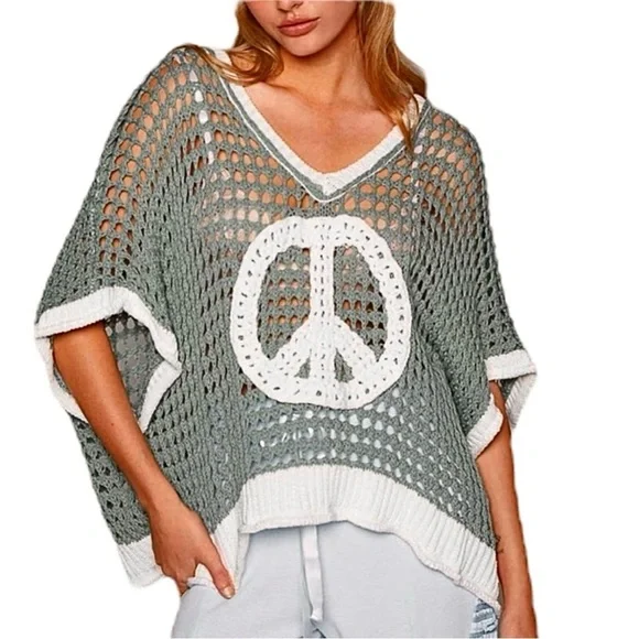 Open Crochet Oversized Peace Sign Shirt Women's Green Knit Top New w/ Tags Sz L - Picture 16 of 16